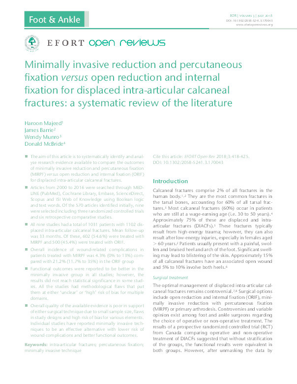 Minimally invasive reduction and percutaneous
fixation versus open reduction and internal
fixation for displaced intra-articular calcaneal
fractures : a systematic review of the literature Thumbnail