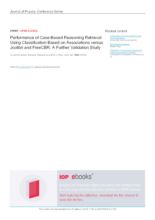 Performance of case-based reasoning retrieval using classification based on associations versus Jcolibri and FreeCBR : a further validation study Thumbnail