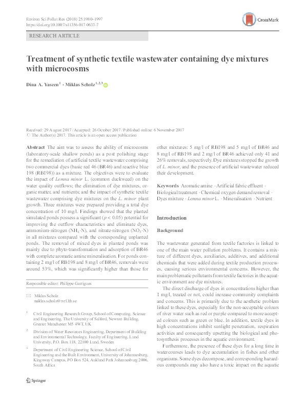 Treatment of synthetic textile wastewater containing dye mixtures with microcosms Thumbnail