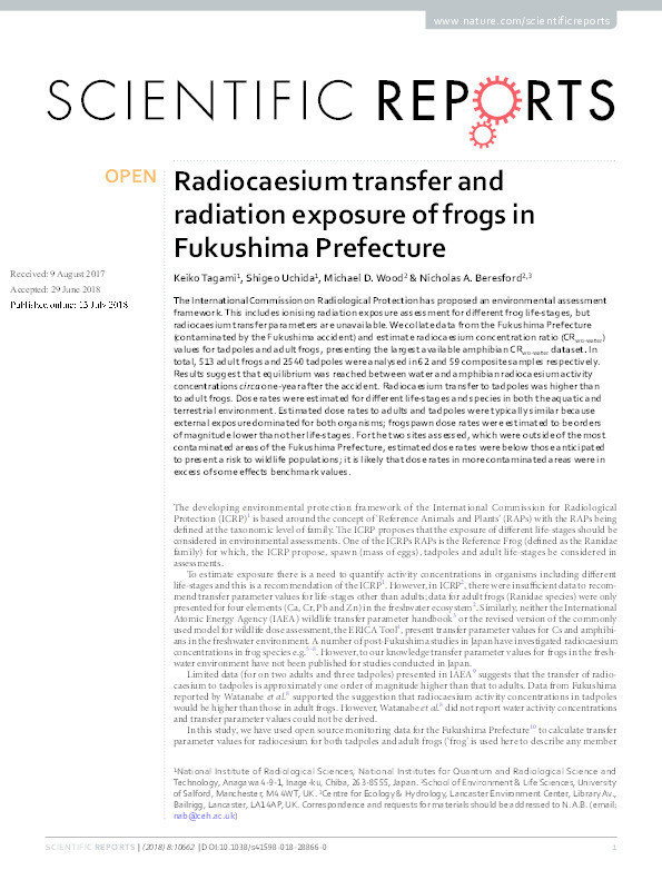 Radiocaesium transfer and radiation exposure of frogs in Fukushima Prefecture Thumbnail