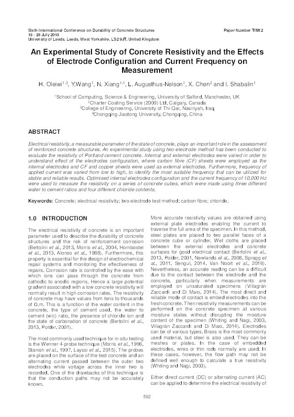 An experimental study of concrete resistivity and the effects of electrode configuration and current frequency on measurement Thumbnail