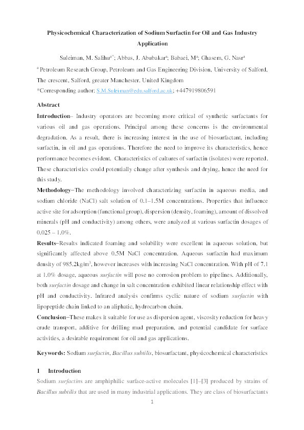 Physicochemical characterization of sodium surfactin for oil and gas industry application Thumbnail