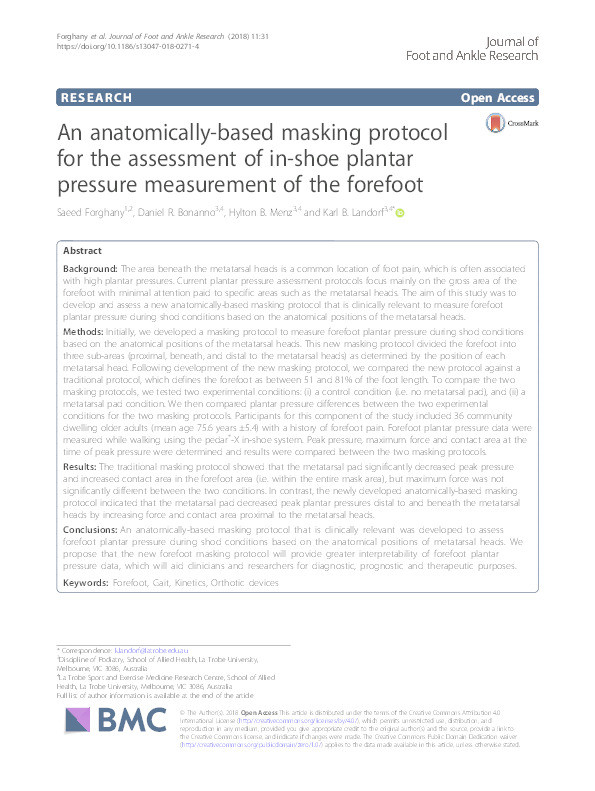 An anatomically-based masking protocol for the assessment of in-shoe plantar pressure measurement of the forefoot Thumbnail