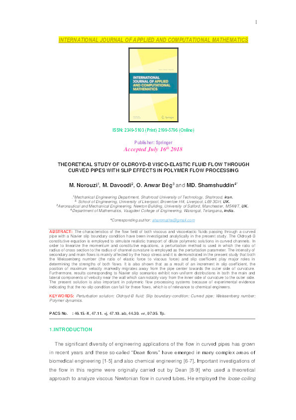 Theoretical study of Oldroyd-b visco-elastic fluid flow through curved pipes with slip effects in polymer flow processing Thumbnail