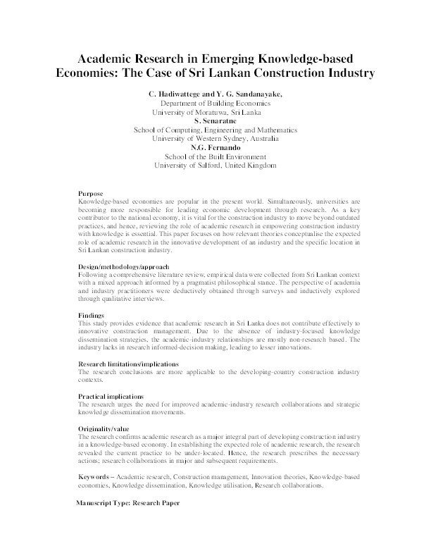 Academic research in emerging knowledge-based economies : the case of Sri Lankan construction industry Thumbnail