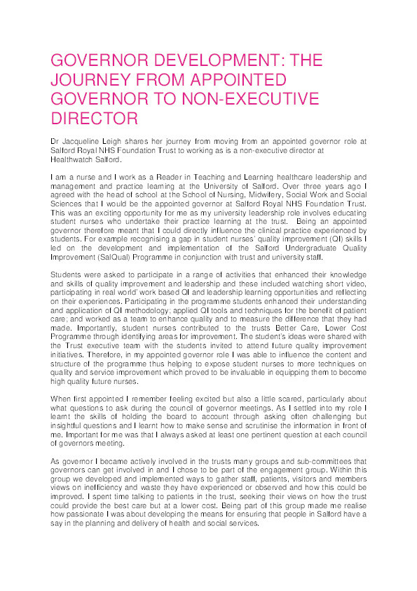 Governor development : the journey from appointed governor to non-executive director Thumbnail