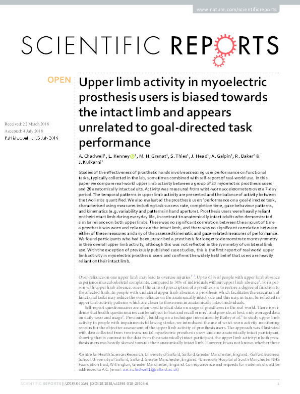 Upper limb activity in myoelectric prosthesis users is biased towards the intact limb and appears unrelated to goal-directed task performance Thumbnail