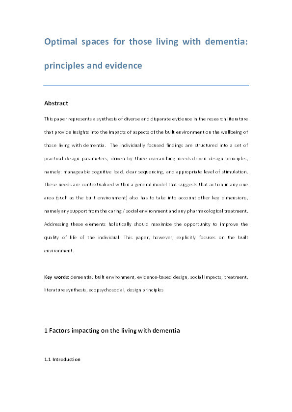Optimal spaces for those living with dementia : principles and evidence Thumbnail