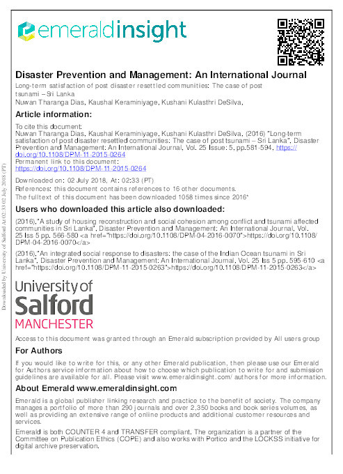 Long-term satisfaction of post disaster resettled communities : the case of post tsunami – Sri Lanka Thumbnail
