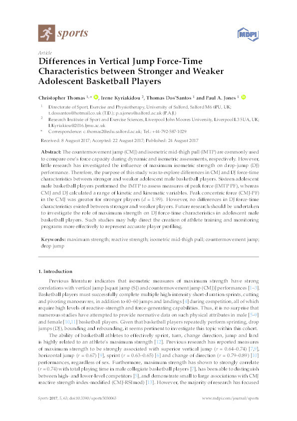 Differences in vertical jump force-time characteristics between stronger and weaker adolescent basketball players Thumbnail