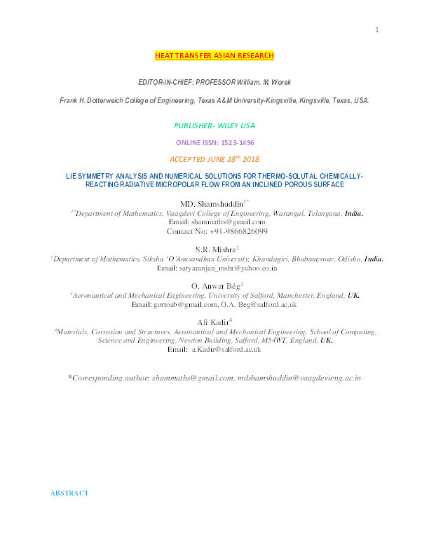 Lie symmetry analysis and numerical solutions for thermo-solutal chemicallyreacting radiative micropolar flow from an inclined porous surface Thumbnail