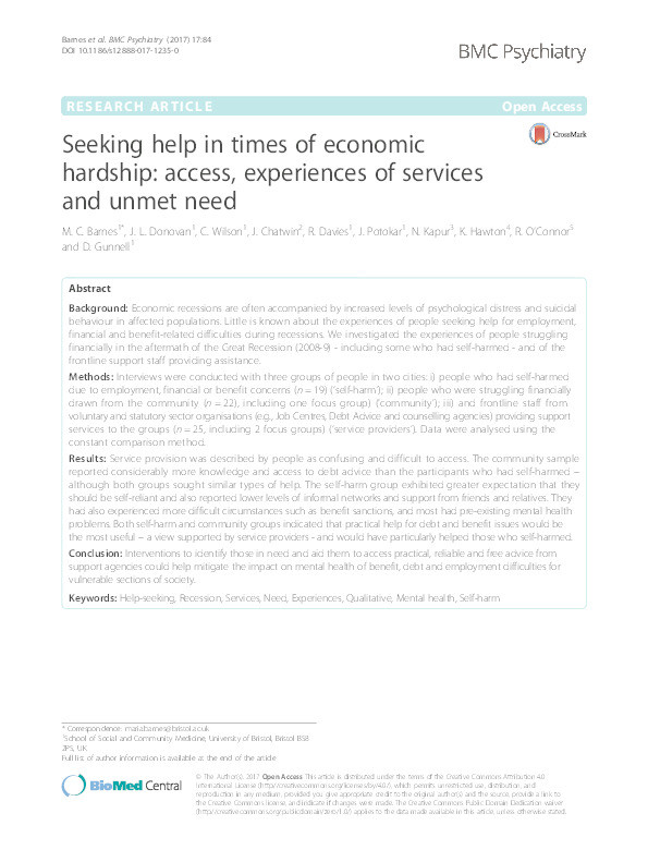 Seeking help in times of economic hardship : access, experiences of services and unmet need Thumbnail