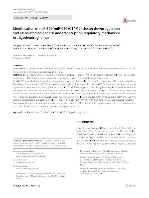 Identification of miR-379/miR-656 (C14MC) cluster downregulation and associated epigenetic and transcription regulatory mechanism in oligodendrogliomas Thumbnail