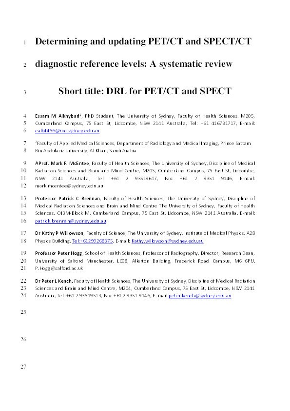 Determining and updating PET/CT and SPECT/CT diagnostic reference levels : a systematic review Thumbnail