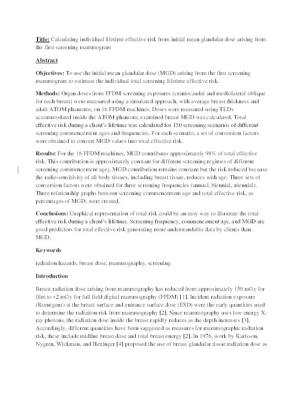 Calculating individual lifetime effective risk from initial mean glandular dose arising from the first screening mammogram Thumbnail