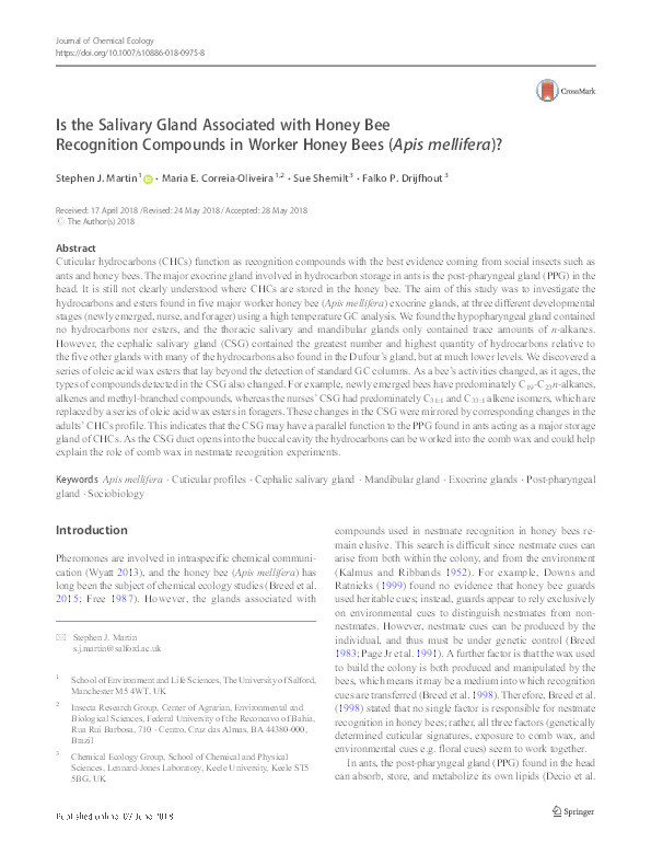 Is the salivary gland associated with honey bee recognition compounds in worker honey bees (Apis mellifera)? Thumbnail