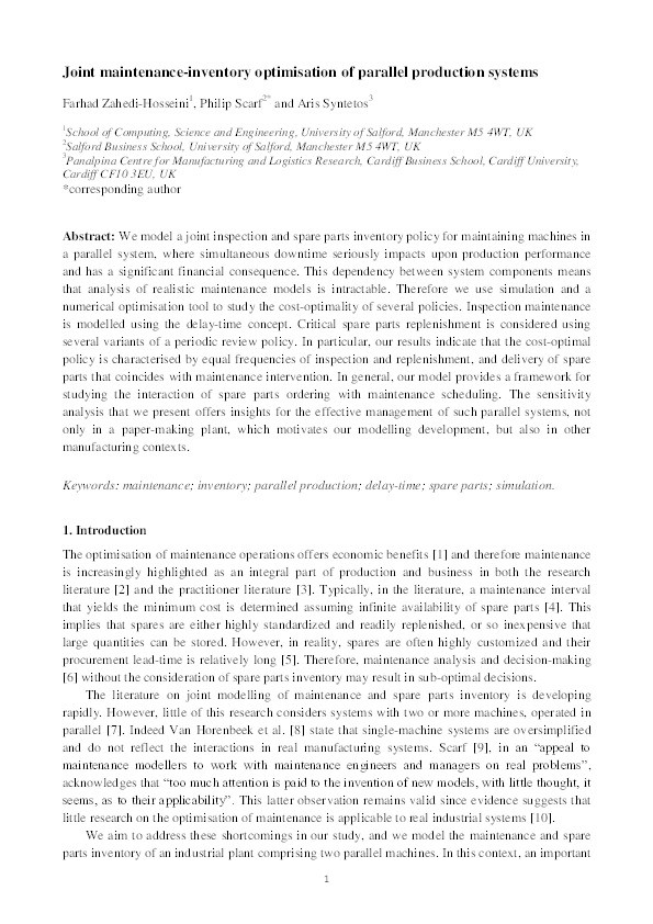 Joint maintenance-inventory optimisation of parallel production systems Thumbnail