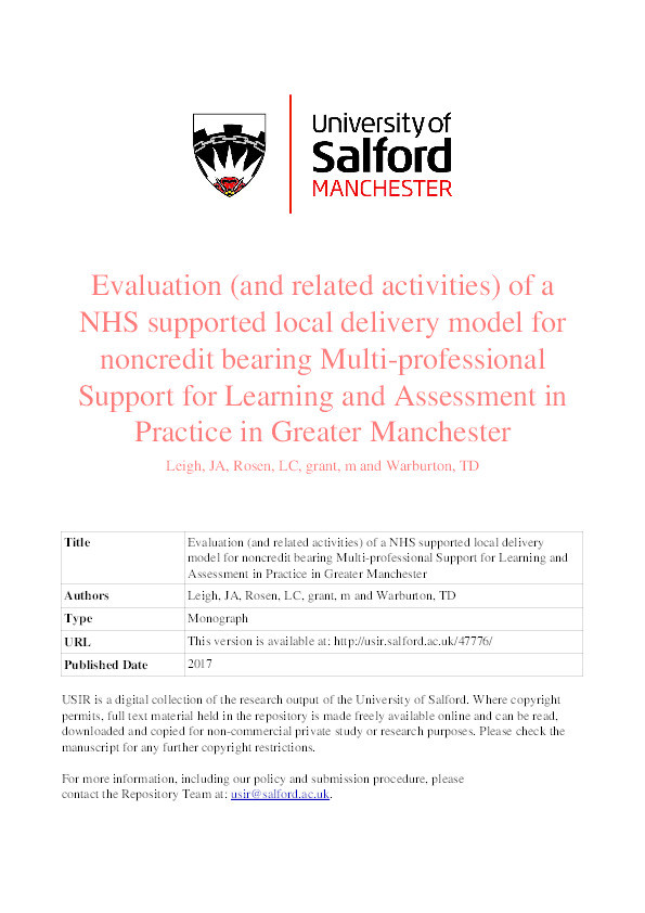Evaluation (and related activities) of a NHS supported local delivery model for non-credit bearing Multi-professional Support for Learning and Assessment in Practice in Greater Manchester Thumbnail