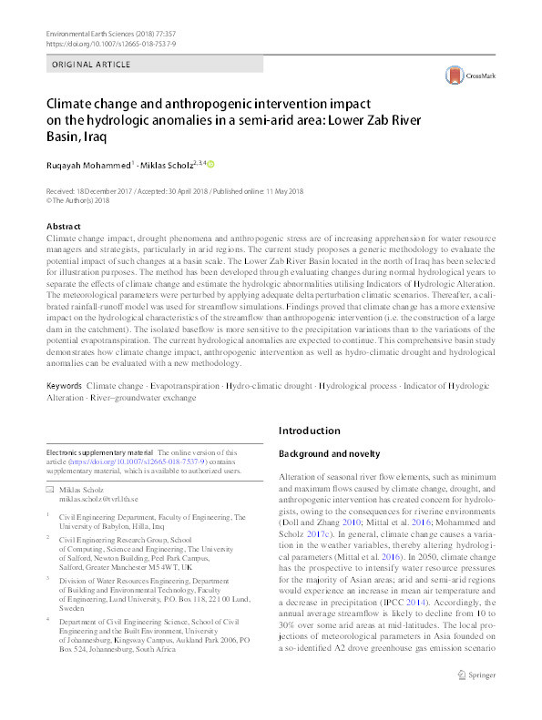 Climate change and anthropogenic intervention impact on the hydrologic anomalies in a semi-arid area : lower Zab river basin, Iraq Thumbnail