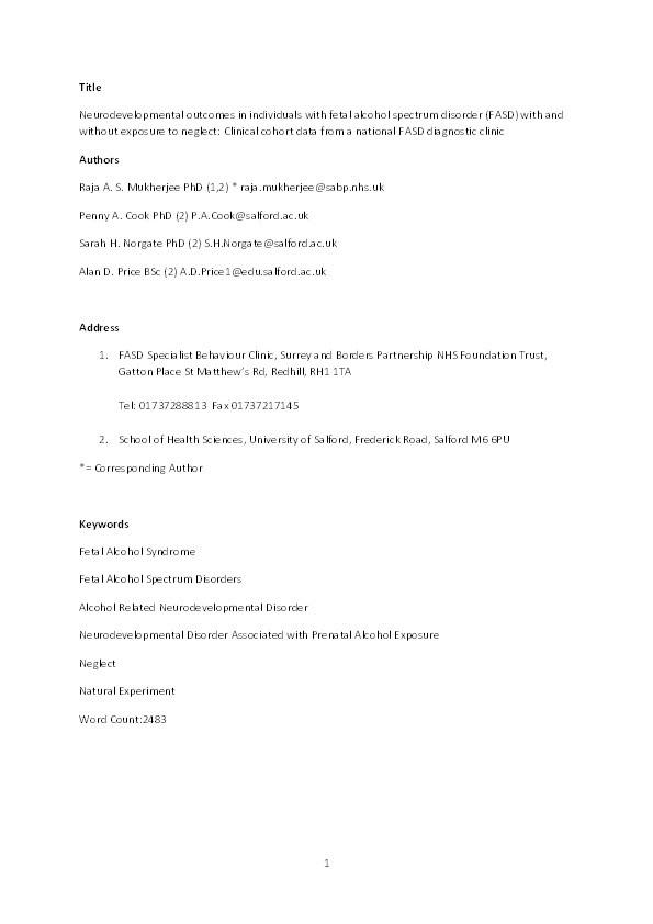 Neurodevelopmental outcomes in individuals with fetal alcohol spectrum disorder (FASD) with and without exposure to neglect : clinical cohort data from a national FASD diagnostic clinic Thumbnail