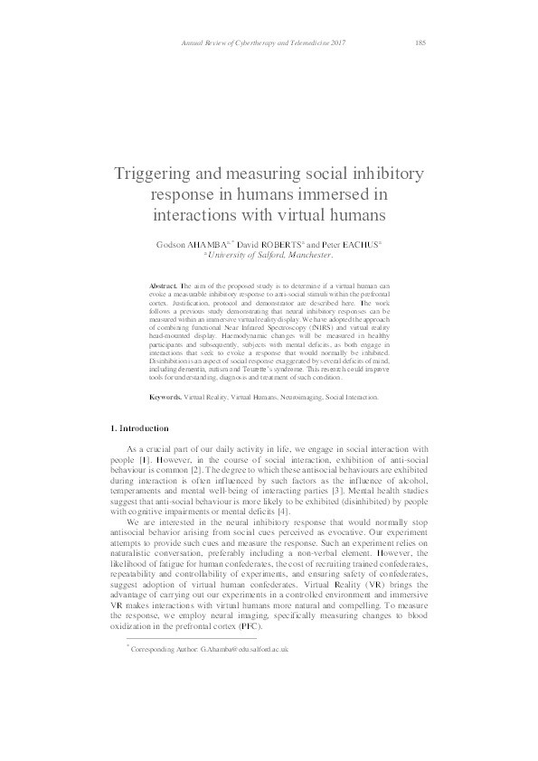 Triggering and measuring social inhibitory response in humans immersed in interactions with virtual humans Thumbnail