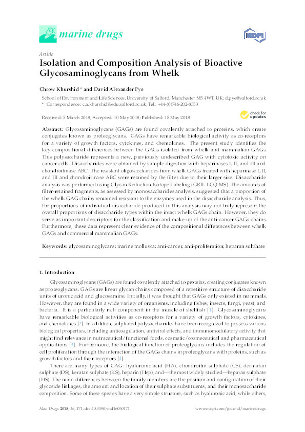 Isolation and composition analysis of bioactive glycosaminoglycans from whelk Thumbnail