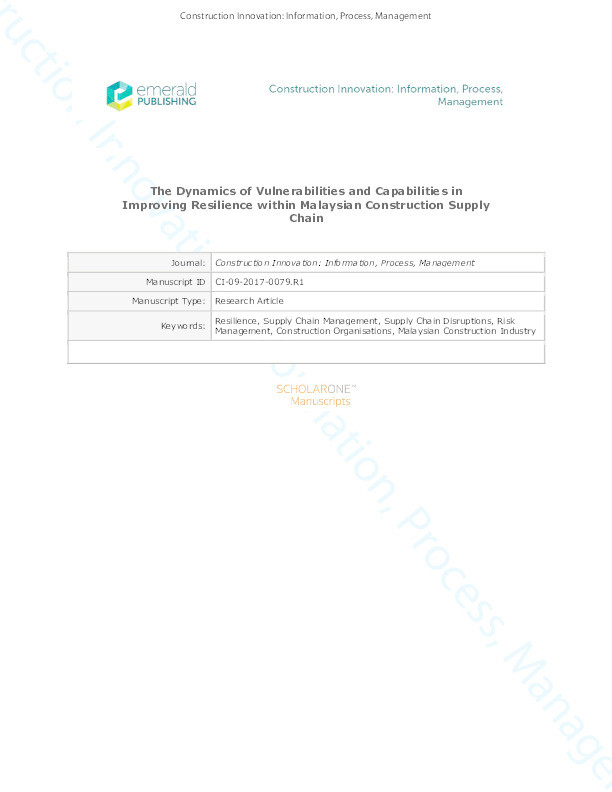 The dynamics of vulnerabilities and capabilities in improving resilience within Malaysian construction supply chain Thumbnail