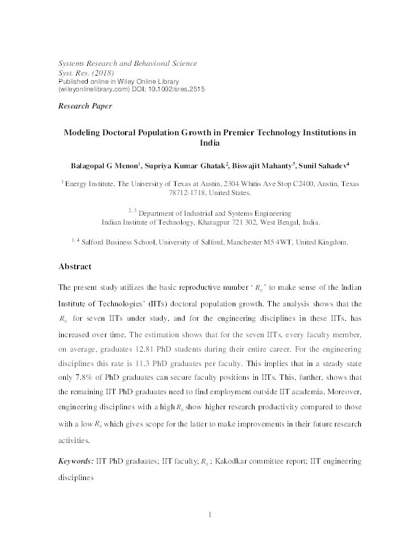 Modeling doctoral population growth in premier technology institutions in India Thumbnail