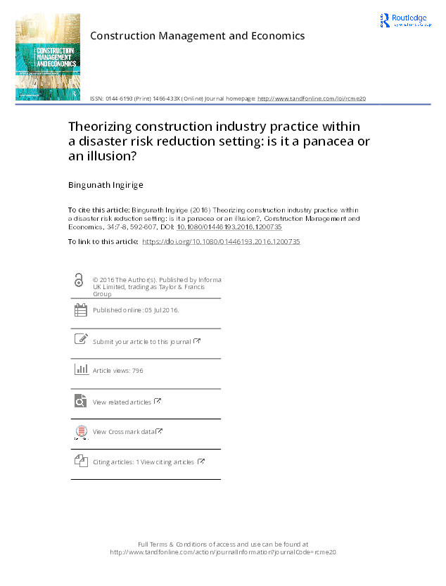 Theorizing construction industry practice within a disaster risk reduction setting : is it a panacea or an illusion? Thumbnail