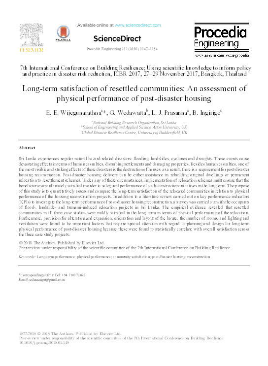 Long-term satisfaction of resettled communities : an assessment of physical performance of post-disaster housing Thumbnail