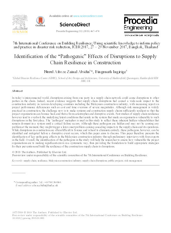 Identification of the “Pathogenic” effects of disruptions to supply chain resilience in construction Thumbnail