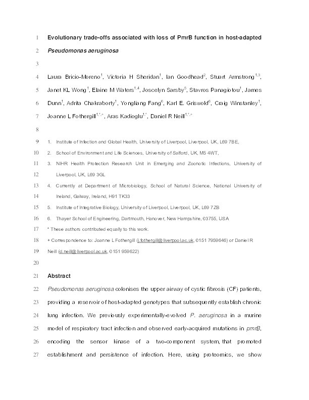Evolutionary trade-offs associated with loss of PmrB function in host-adapted Pseudomonas aeruginosa Thumbnail