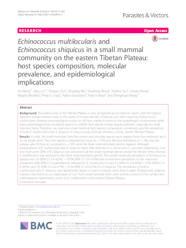 Echinococcus multilocularis and Echinococcus shiquicus in a small mammal community on the eastern Tibetan Plateau : host species composition, molecular prevalence, and epidemiological implications Thumbnail