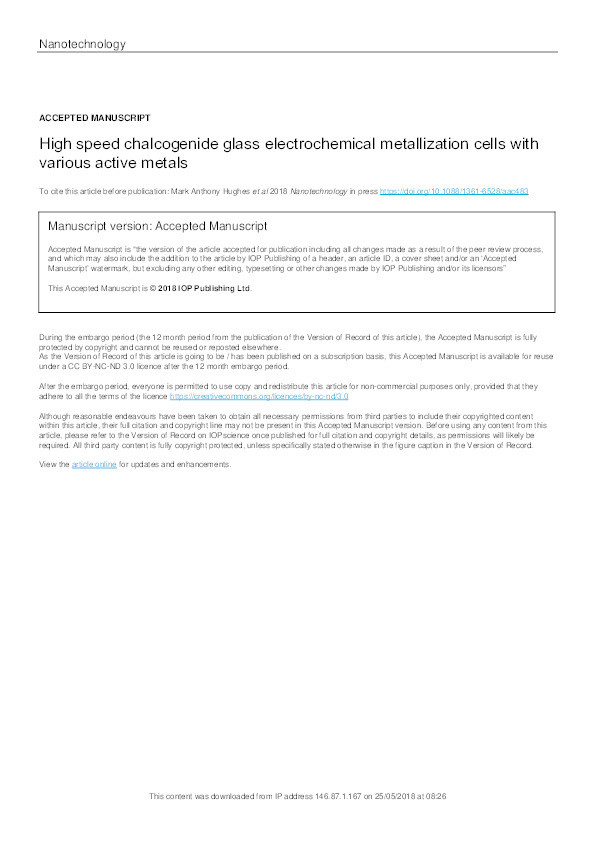 High speed chalcogenide glass electrochemical metallization cells with various active metals Thumbnail