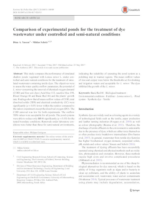Comparison of experimental ponds for the treatment of dye wastewater under controlled and semi-natural conditions Thumbnail