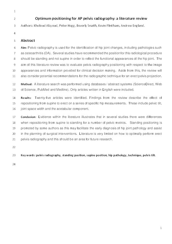 Optimum positioning for AP pelvis radiography : a literature review Thumbnail
