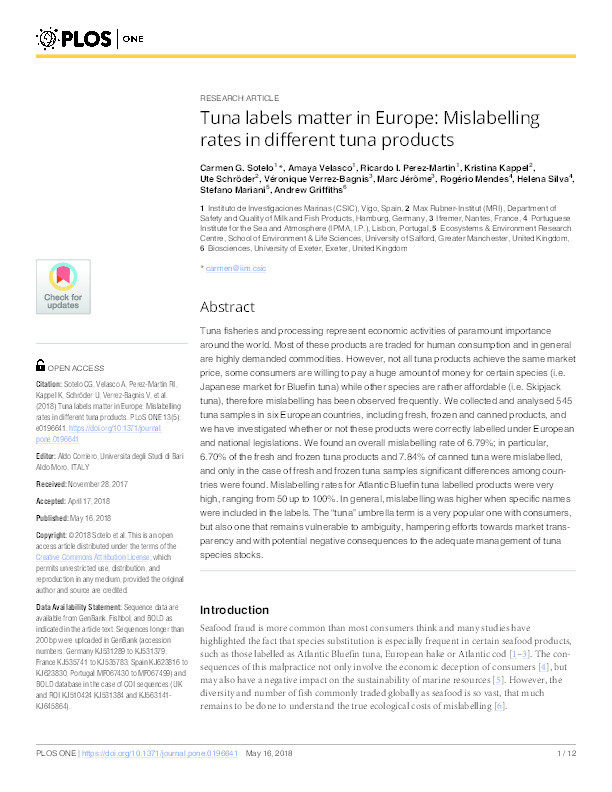 Tuna labels matter in Europe : mislabelling rates in different tuna products Thumbnail