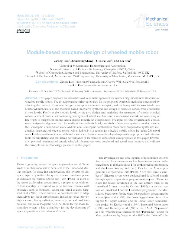 Module-based structure design of wheeled mobile robot Thumbnail