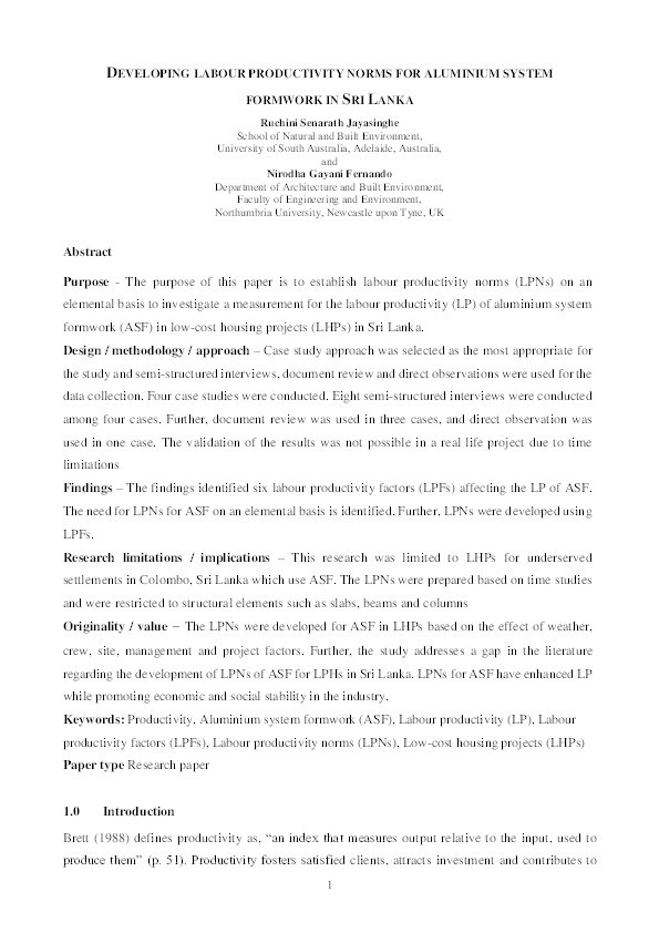 Developing labour productivity norms for aluminium system formwork in Sri Lanka Thumbnail