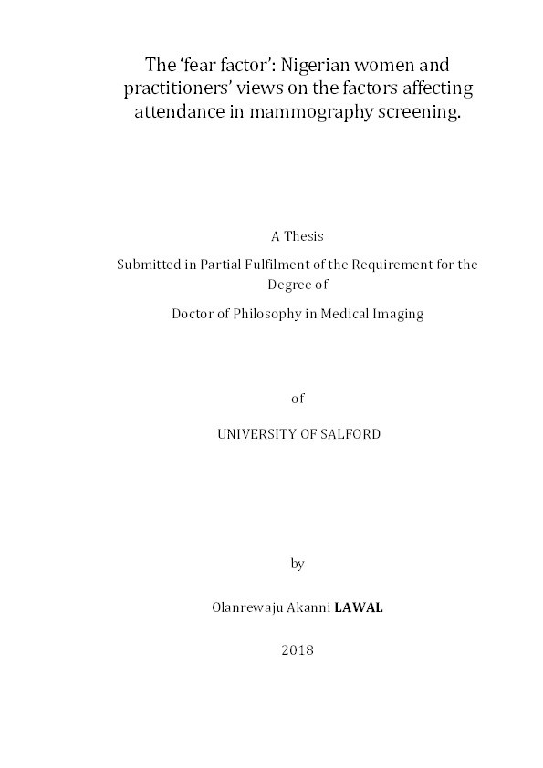 The ‘fear factor’ : Nigerian women and practitioners’ views on the factors affecting attendance in mammography screening Thumbnail