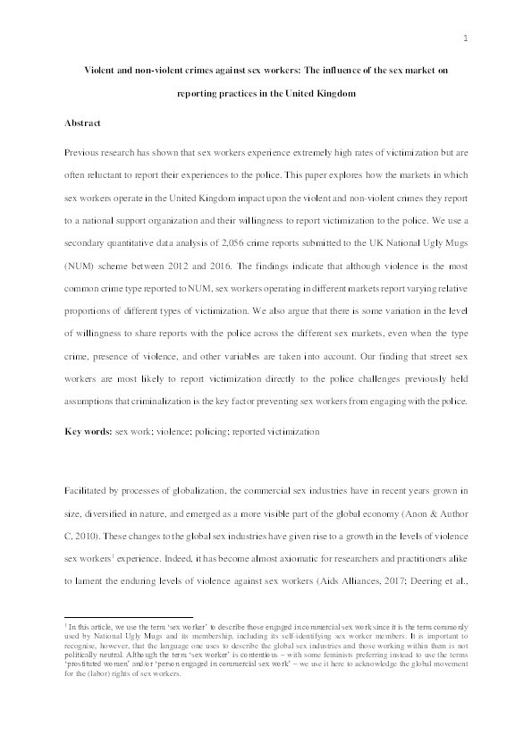 Violent and non-violent crimes against sex workers : the influence of the sex market on reporting practices in the United Kingdom Thumbnail