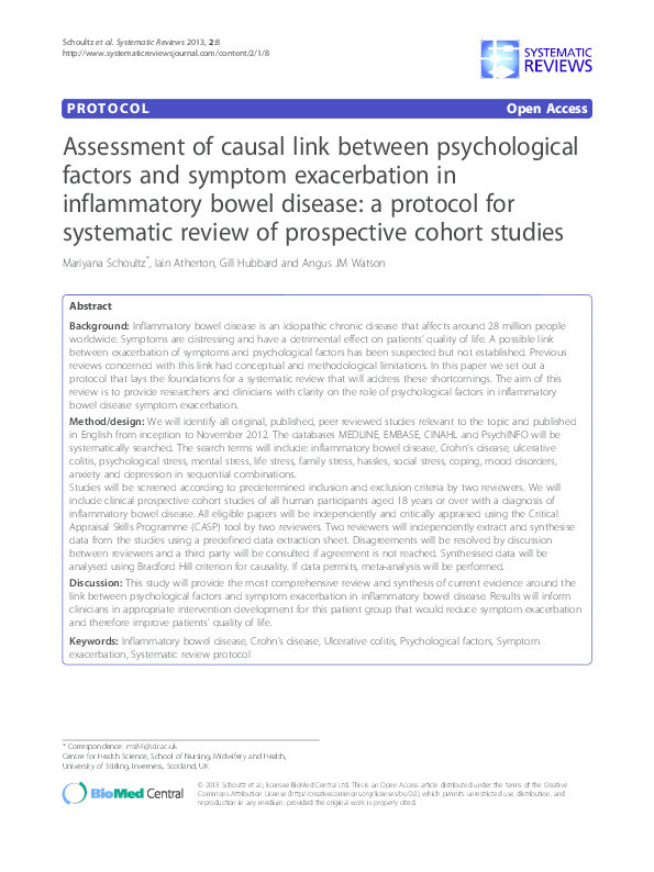 Assessment of causal link between psychological factors and symptom exacerbation in inflammatory bowel disease: a systematic review and meta-analysis of prospective cohort studies Thumbnail