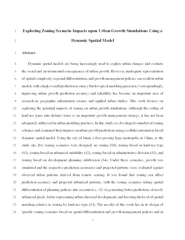 Exploring zoning scenario impacts upon urban growth simulations using a dynamic spatial model Thumbnail