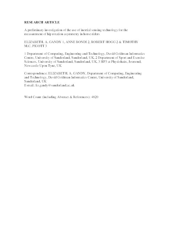 A preliminary investigation of the use of inertial sensing technology for the measurement of hip rotation asymmetry in horse riders Thumbnail