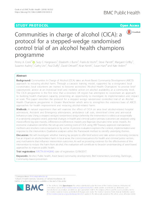 Communities in charge of alcohol (CICA) : a protocol for a stepped-wedge randomised control trial of an alcohol health champions programme Thumbnail