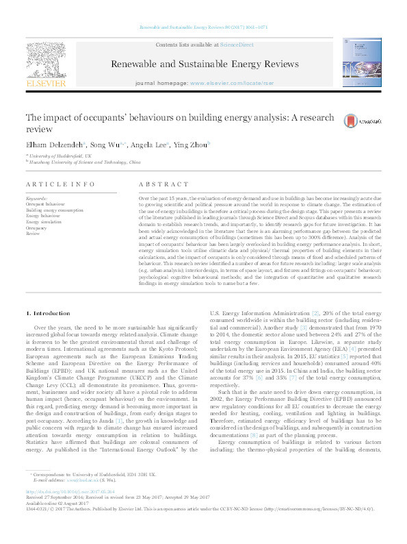 The impact of occupants’ behaviours on building energy analysis : a research review Thumbnail