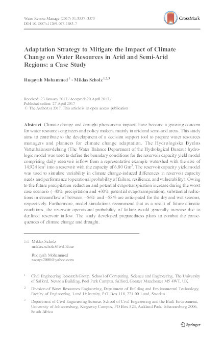 Adaptation strategy to mitigate the impact of climate change on water resources in arid and semi-arid regions : a case study Thumbnail