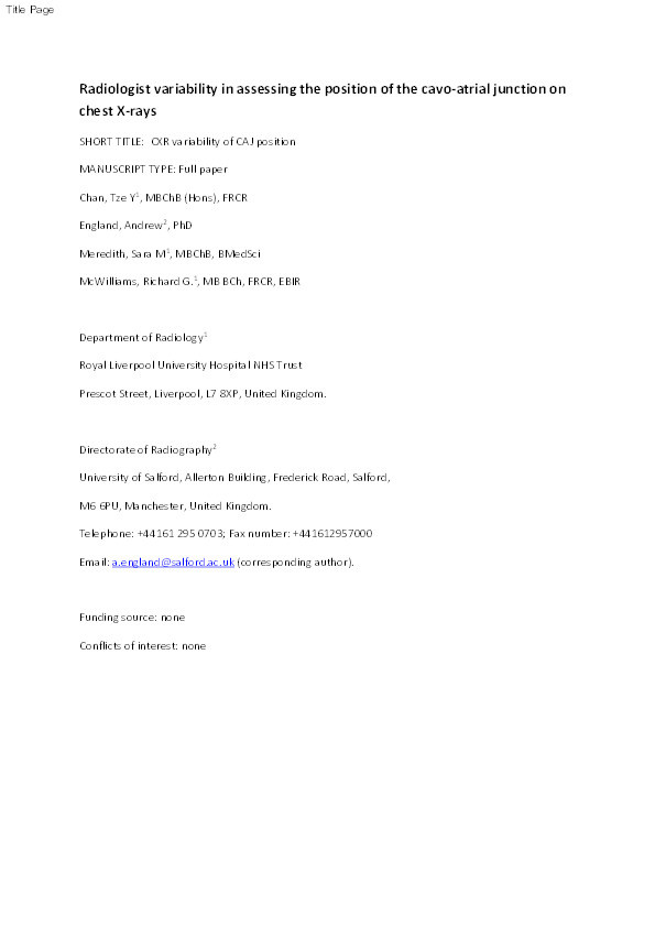 Radiologist variability in assessing the position of the cavoatrial junction on chest radiographs Thumbnail