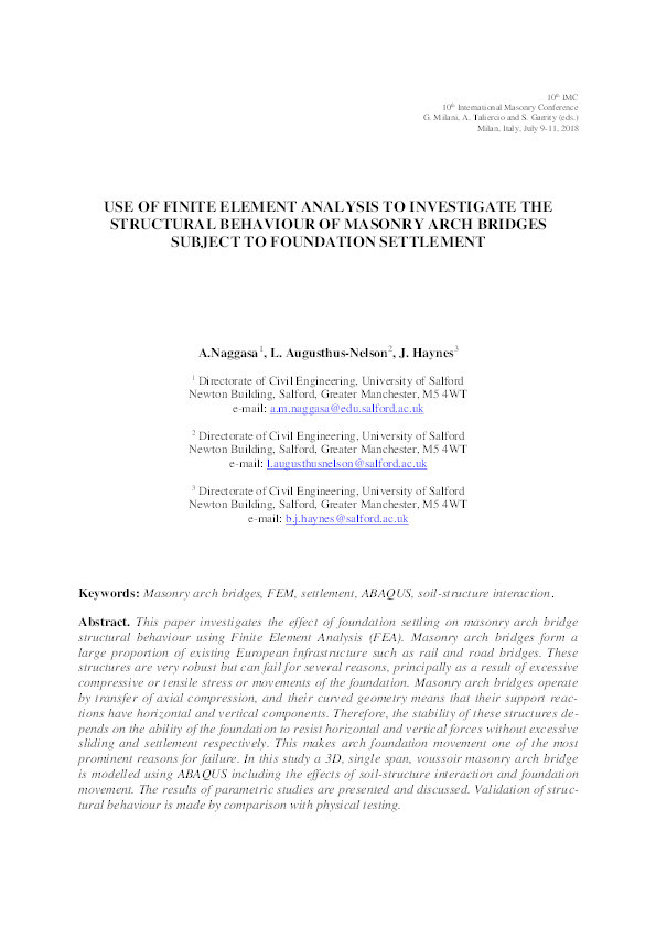Use of finite element analysis to investigate the structural behaviour of masonry arch bridges subject to foundation settlement Thumbnail