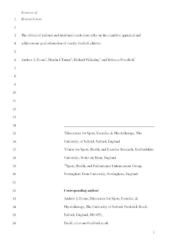 The effects of rational and irrational coach team talks on the cognitive appraisal and achievement goal orientation of varsity football athletes Thumbnail